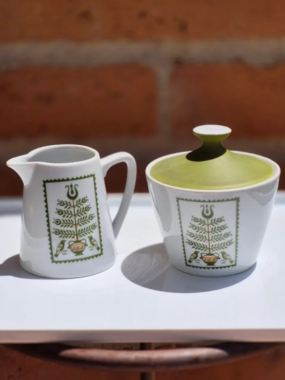 MCM Matte By Summit Coffee Set 5 Mugs, Sugar & Creamer w Lid Avacado Green Birds